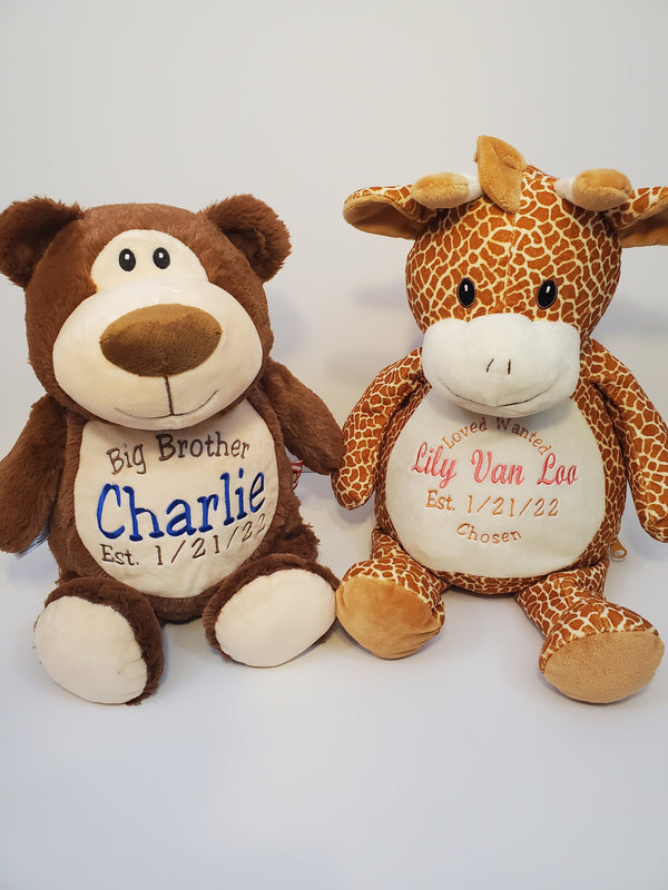 Personalized Stuffed Animal for Adoption, Sibling, Wedding, Baby Shower, Birthday, Graduation